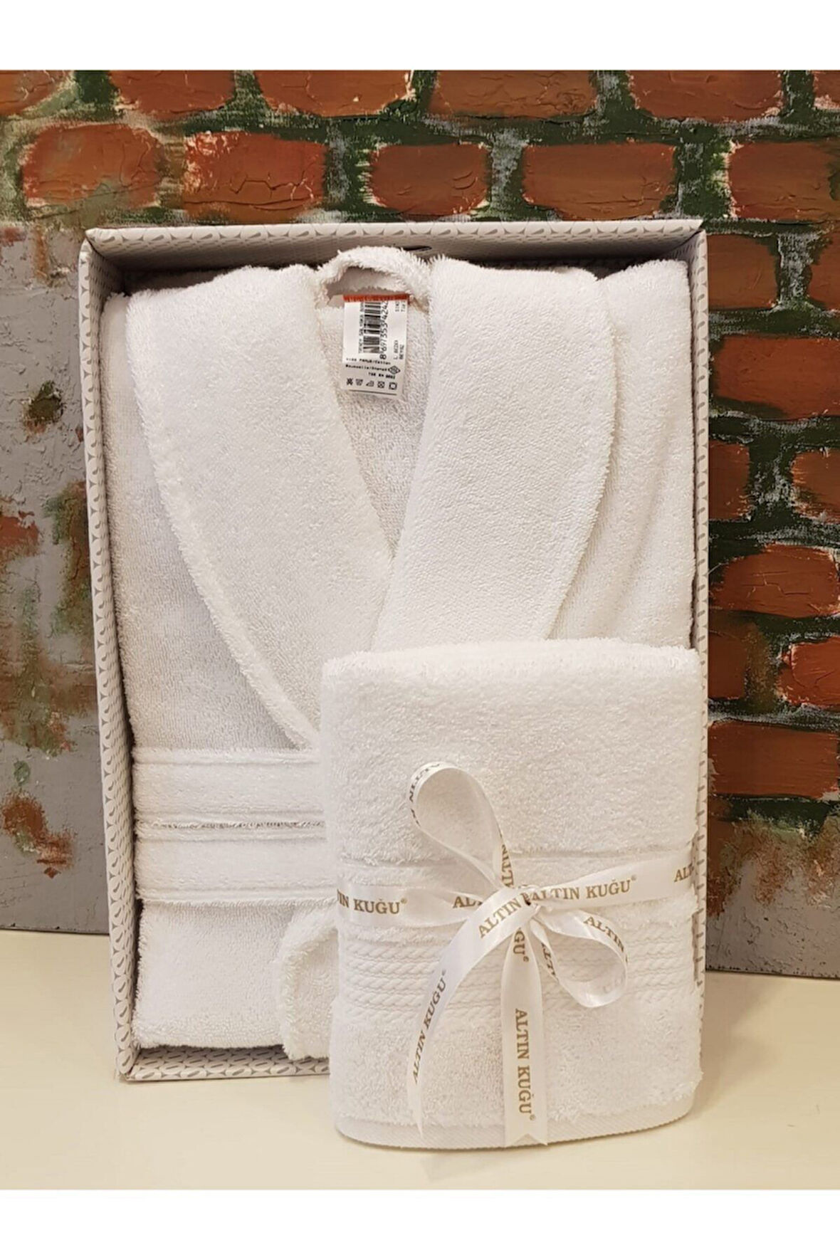 Trendy Şalyaka Bornoz + Baş Havlusu- Beyaz L