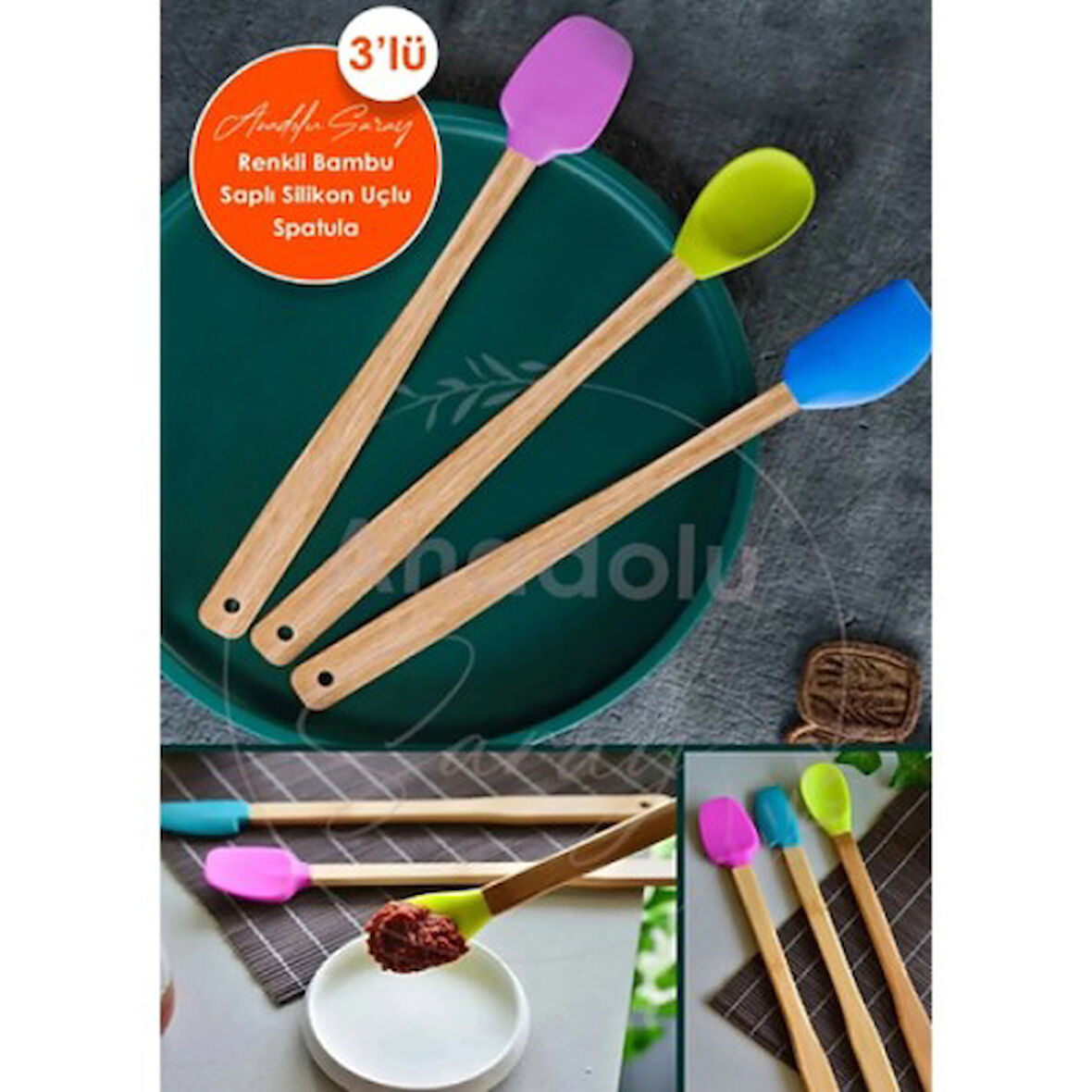 Silikon Uçlu Isıya Dayanıklı Bambu Spatula 3'lü Set