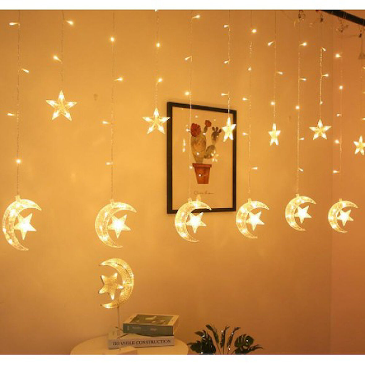 3 Metre & Saçaklı Ay Yıldız Perde Led Gün Işığı Fİşli