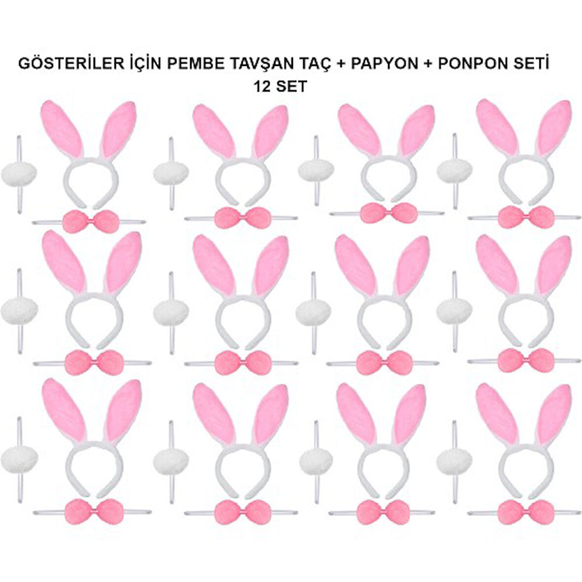 Pembe Tavşan Kostüm Seti – Taç, Papyon, Ponpon (12’li Paket)