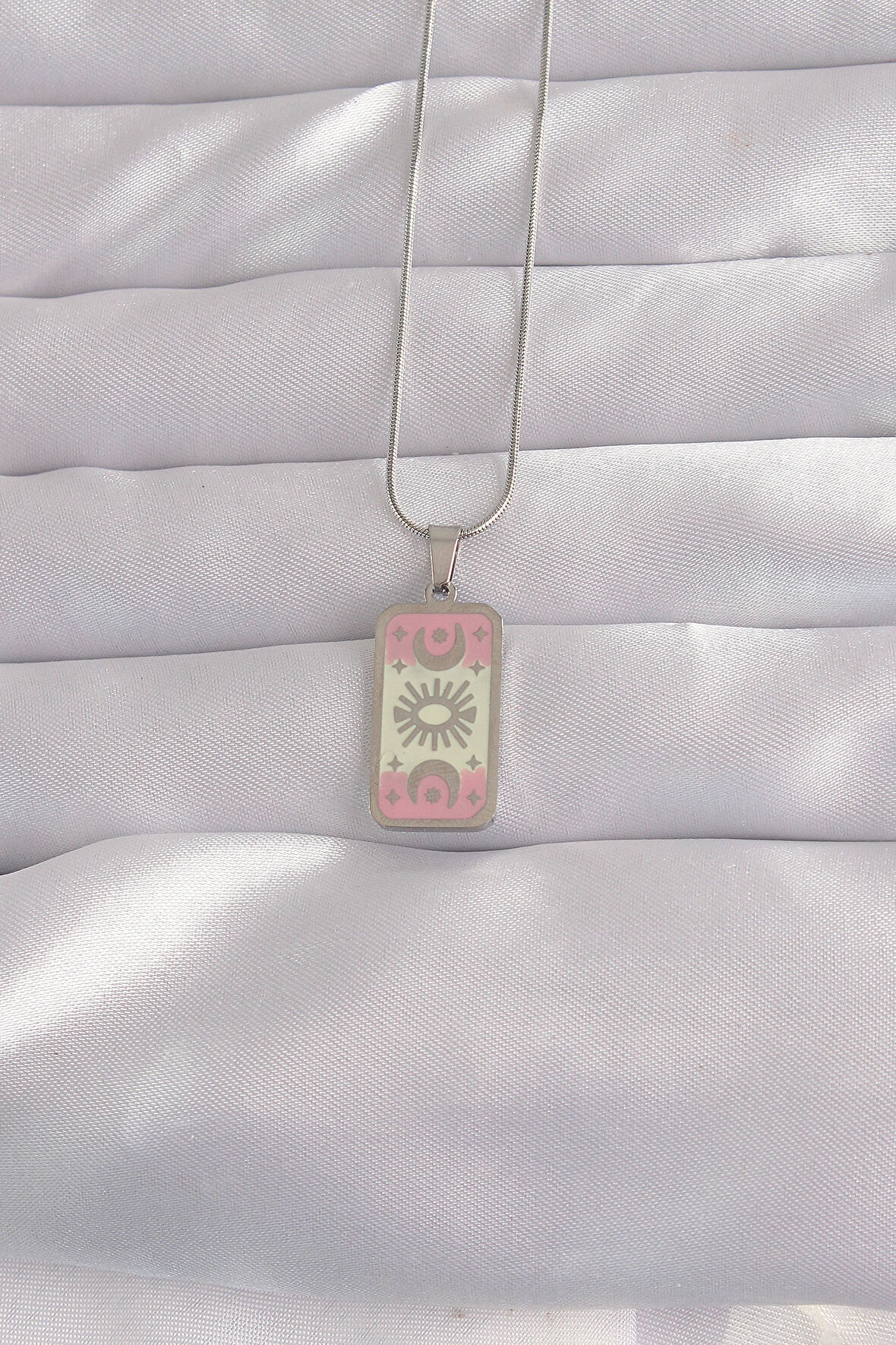 316L Çelik Gümüş Renk Pembe Mineli Ay Figür Tarot Kolye