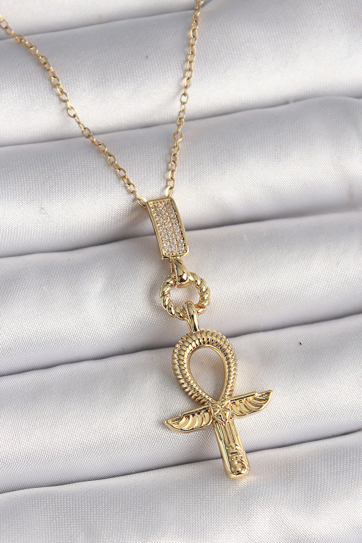 316L Çelik Gold Renk Zincir Zirkon Taşlı Ankh Model Kadın Kolye