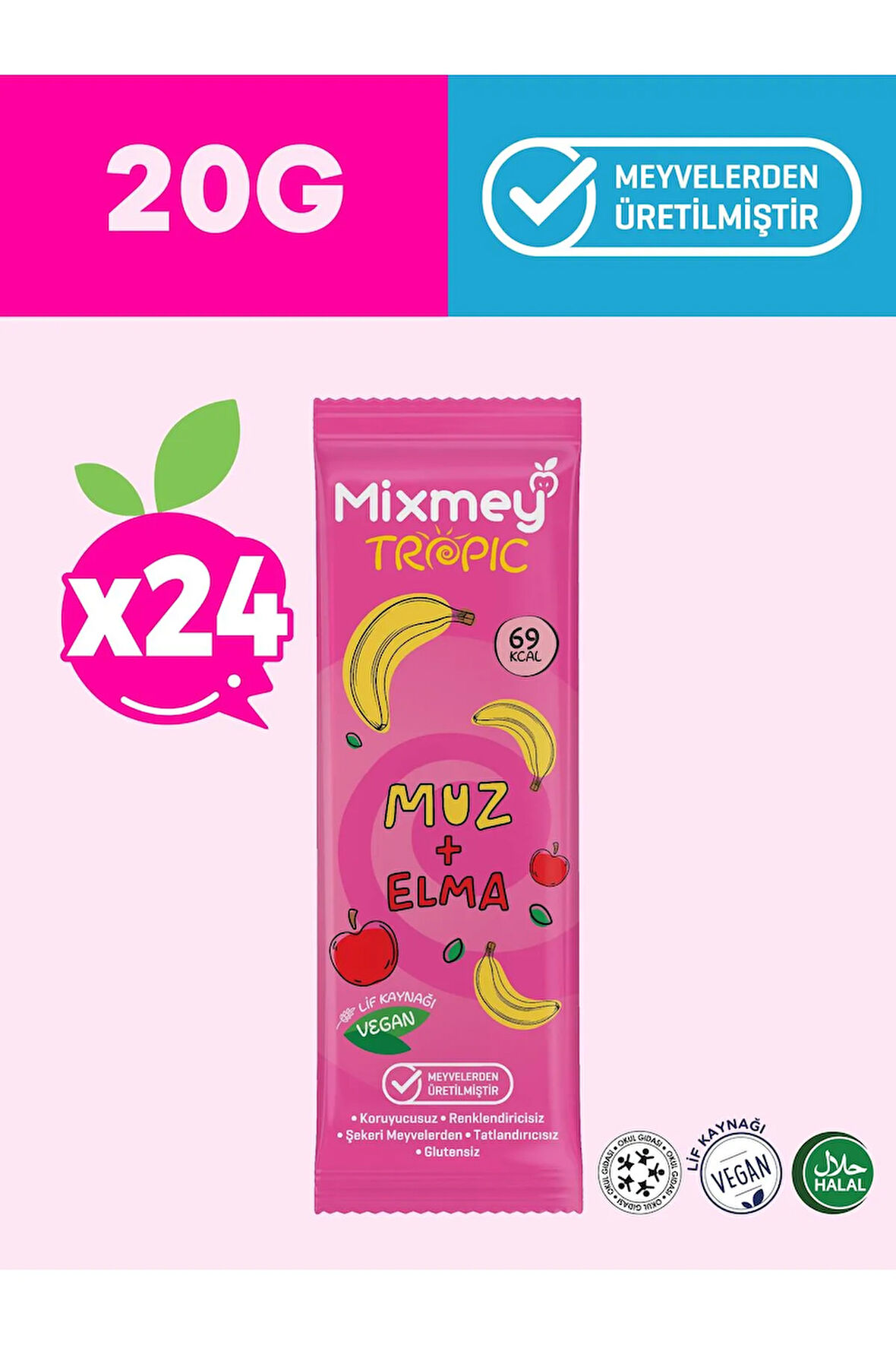 Mixmey Muz Meyve Bar 24 Adet | Vegan ,doğal Ve Glutensiz Sağlıklı Atıştırmalık- 20gr X 24 Adet