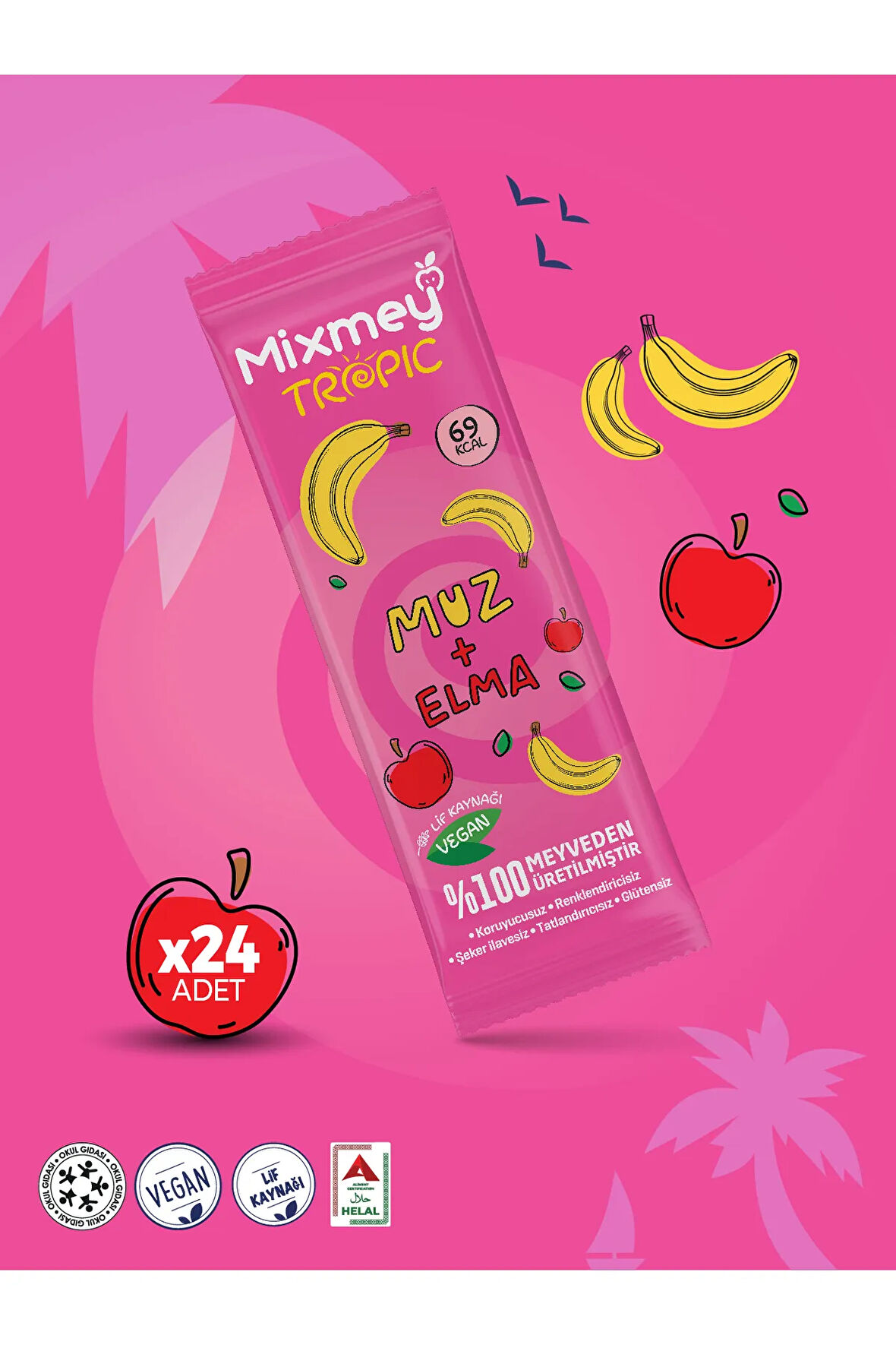 Mixmey Muz Meyve Bar 24 Adet | Vegan ,doğal Ve Glutensiz Sağlıklı Atıştırmalık- 20gr X 24 Adet