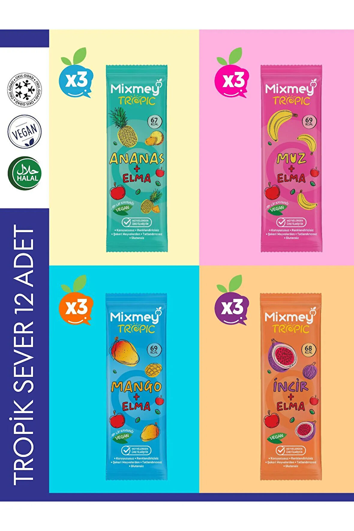 Mixmey Tropik Sever 12 Adet | Vegan Ve Glutensiz Tropik Sağlıklı Atıştırmalık - 20 gr X 12 Adet