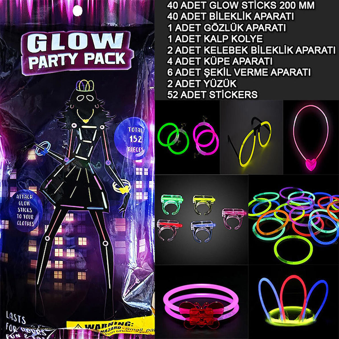 Glow Parti Seti 152 Parçalık Lüks Glow Stick Kostüm Seti