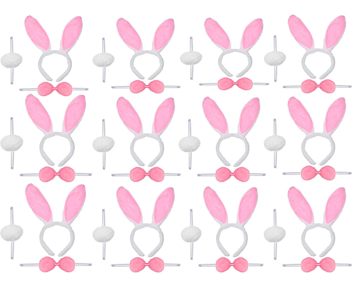 Pembe Tavşan Kostüm Seti – Taç Ponpon Kuyruk 12 li Paket