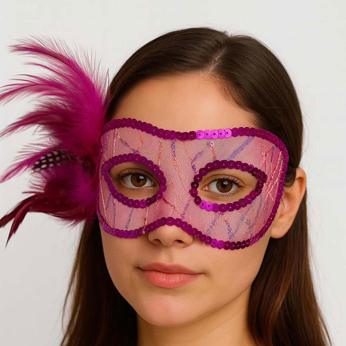Fuşya Renk Yandan Tüylü Pul Payet İşlemeli Parti Maskesi 23x12 cm
