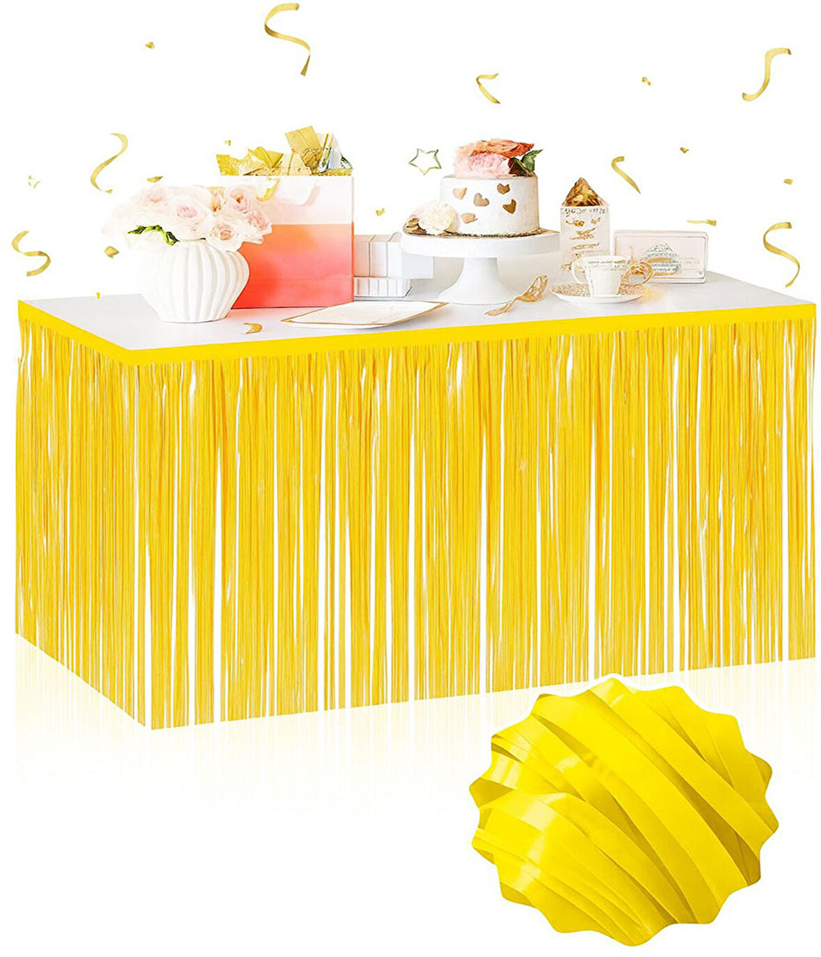 Kendinden Yapışkanlı Makaron Sarı Püsküllü Masa Eteği - 75 x 275 cm Parti Süslemesi