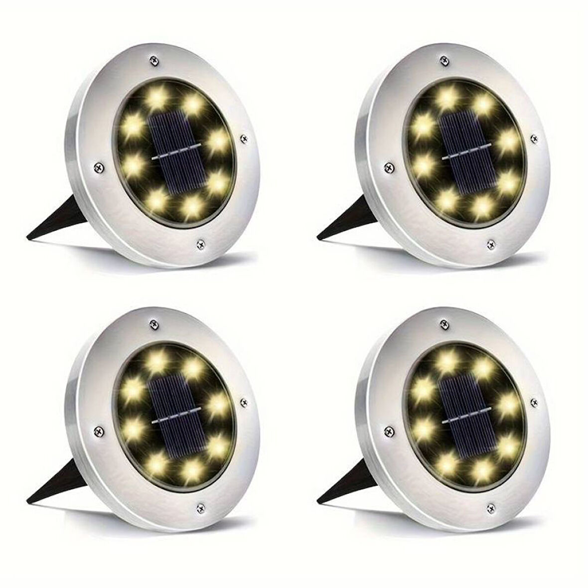 Solar Güneş Enerjili 8 Ledli Kazıklı Çim Zemin Bahçe Aydınlatma 3W Gün Işığı Sarı Led 4 Lü Set