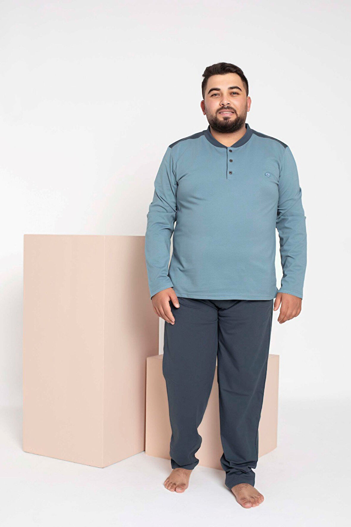 Erkek Büyük Beden 3 Düğmeli %100 Pamuk Cepli Mevsimlik Pijama Takımı