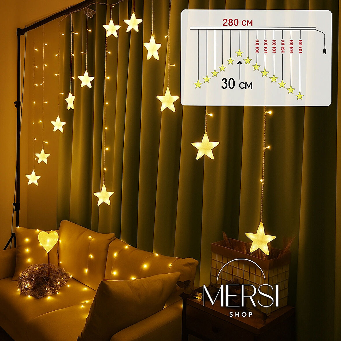 Sarı Işıklı Yıldız Perde Led – 3 Metre Dekoratif Aydınlatma Işık Zinciri