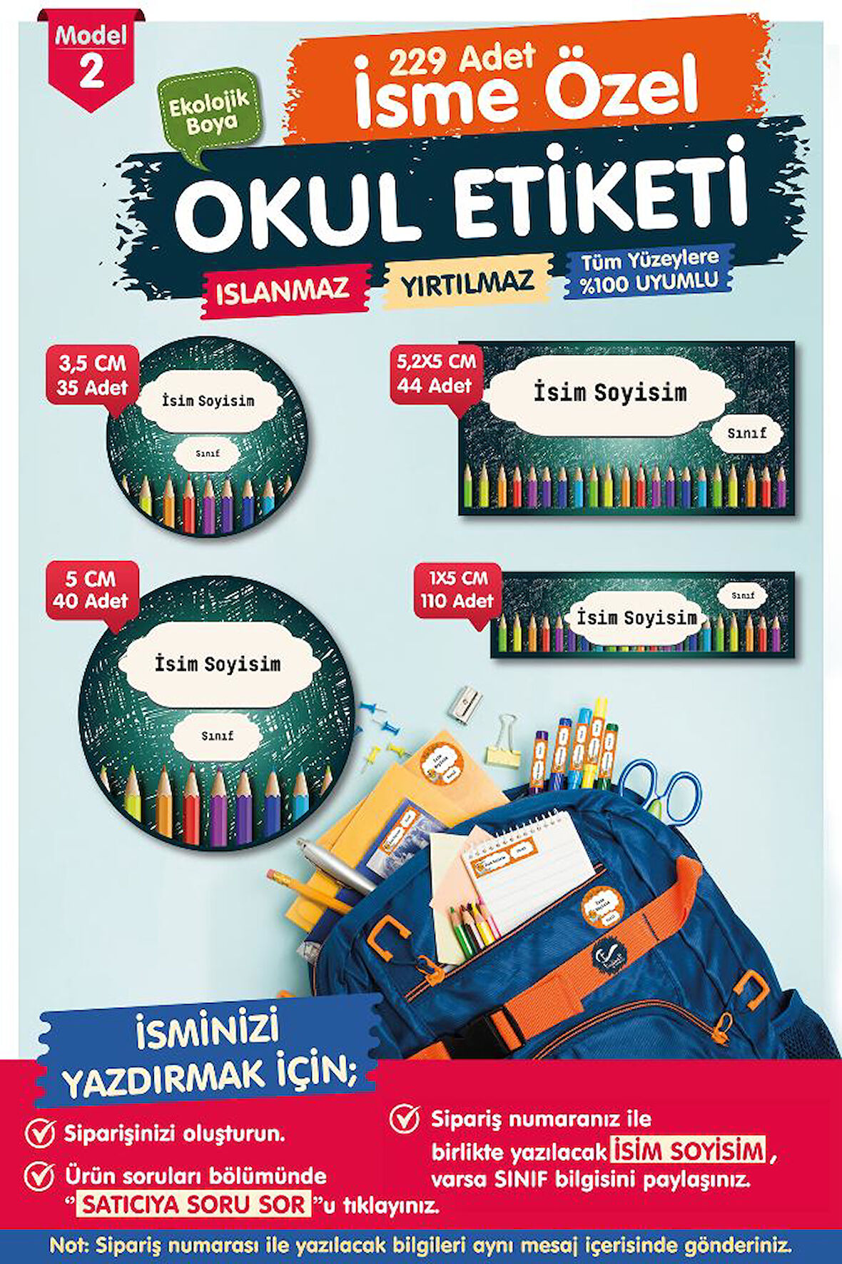 Okul Etiketi Kalem Defter Etiketi Özel İsim Yazılabilen Etiket- İsim Etiketi-OE2