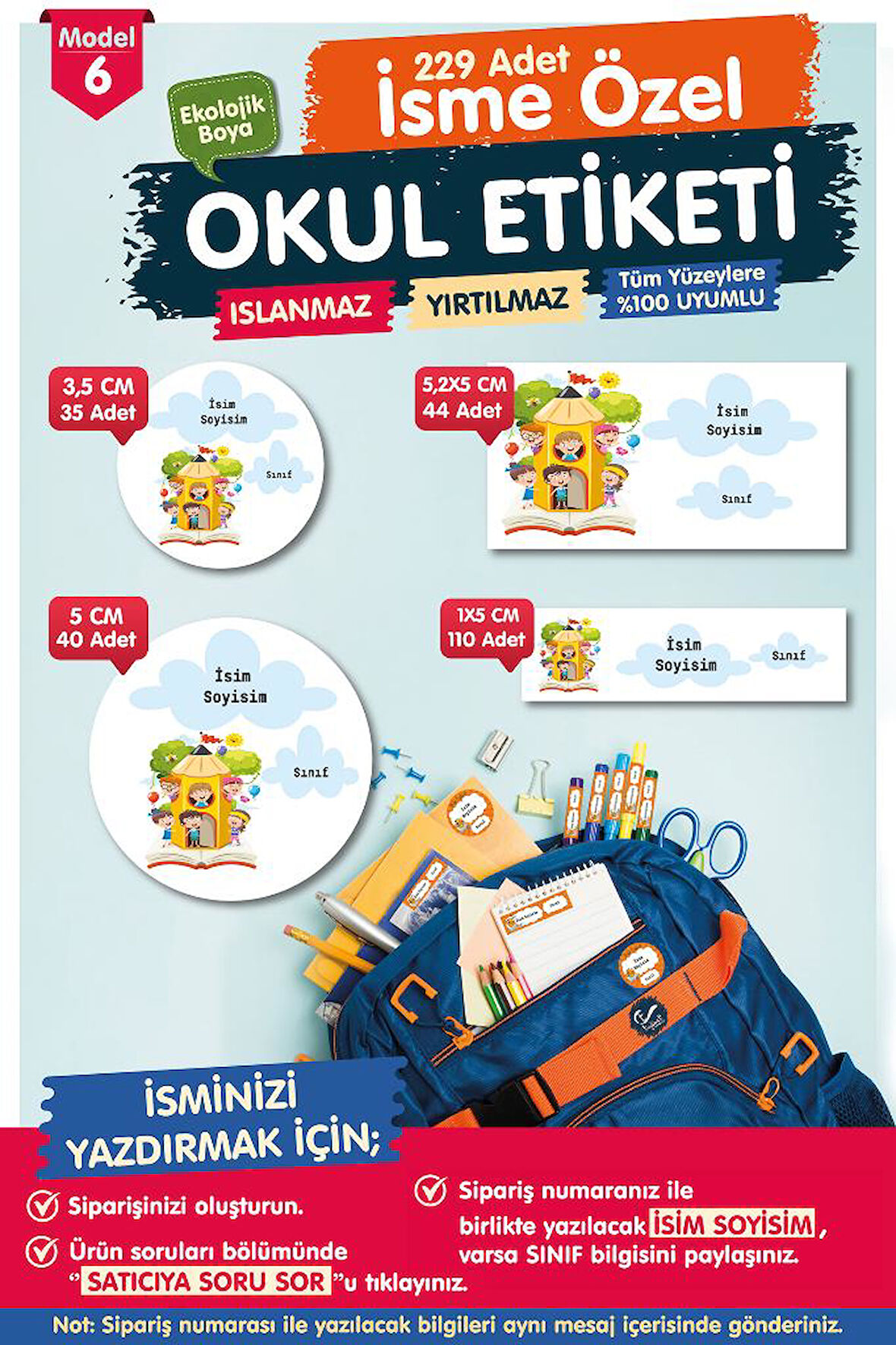 Okul Etiketi Kalem Defter Etiketi Özel İsim Yazılabilen Etiket- İsim Etiketi-OE6