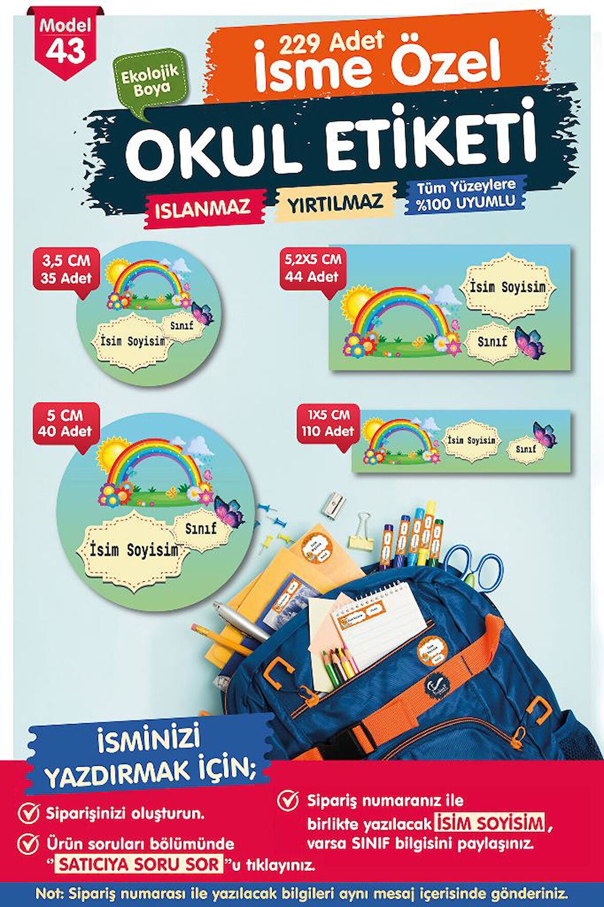 Okul Etiketi Kalem Defter Etiketi Özel İsim Yazılabilen Etiket- İsim Etiketi-OE43