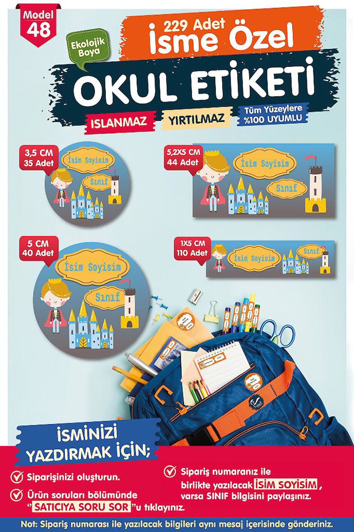 Okul Etiketi Kalem Defter Etiketi Özel İsim Yazılabilen Etiket Seti - İsim Etiketi-OE48