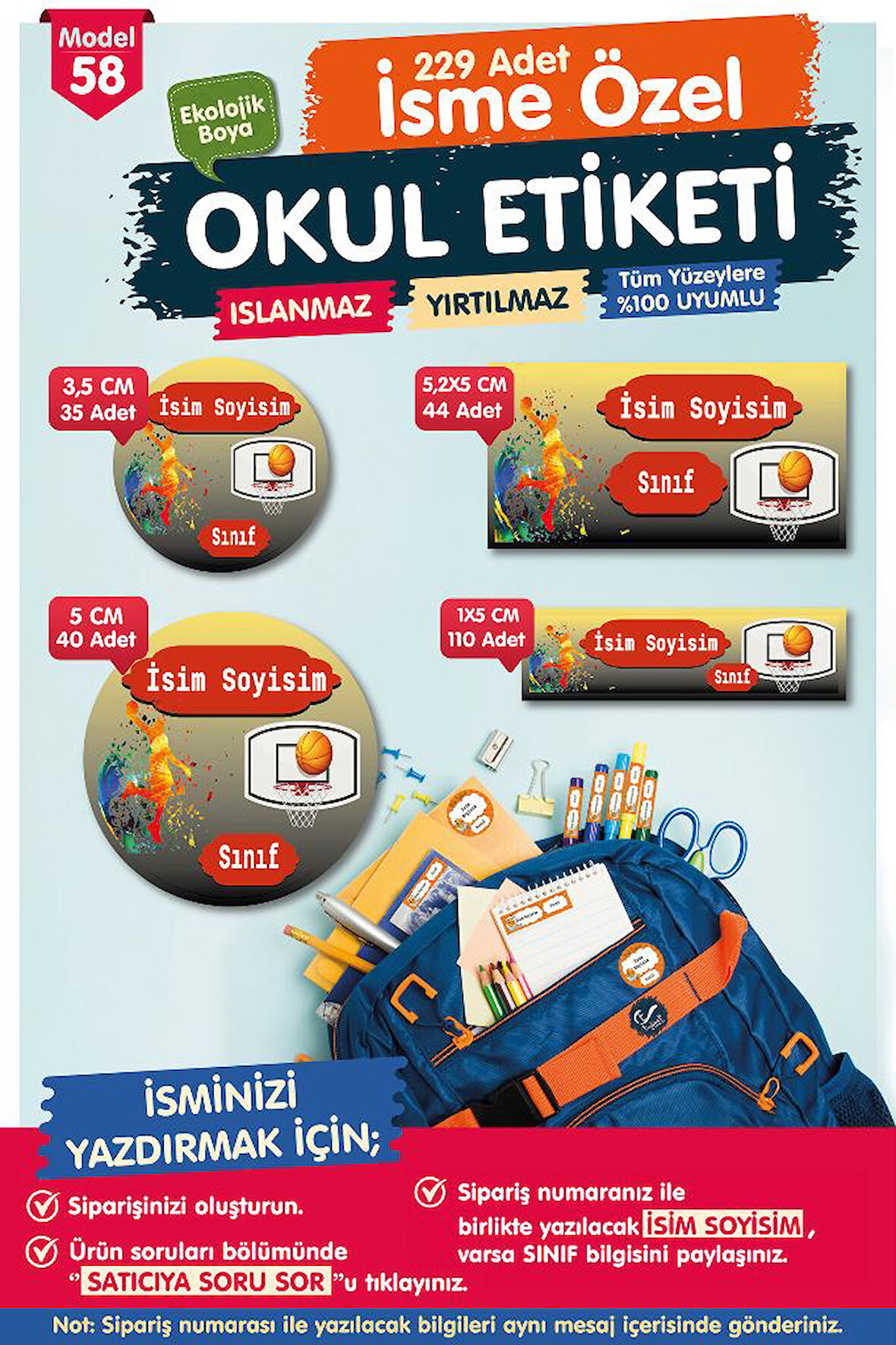 Okul Etiketi Kalem Defter Etiketi Özel İsim Yazılabilen Etiket Seti - İsim Etiketi-OE58