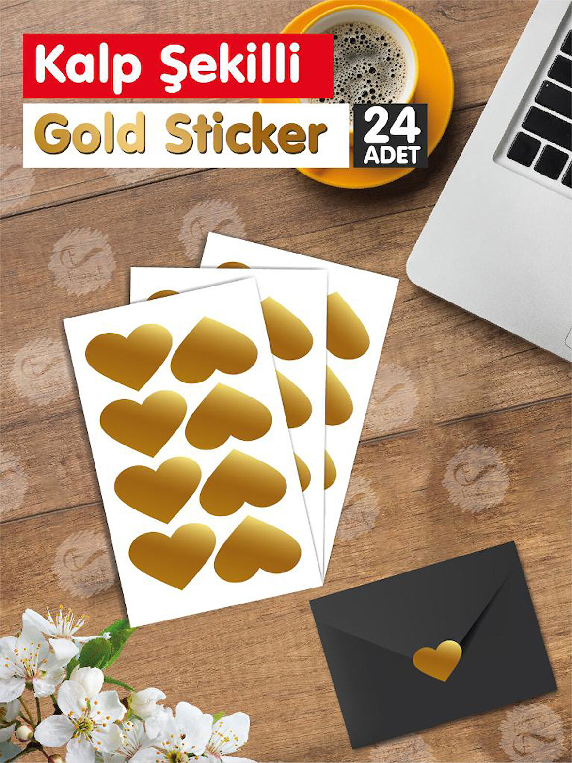 Yapışkanlı Kalp Şekilli Gold Sticker Etiket Hediye Paketleme Parti Hediyeleri 24 adet 3,5x2,5 cm-GKSE1