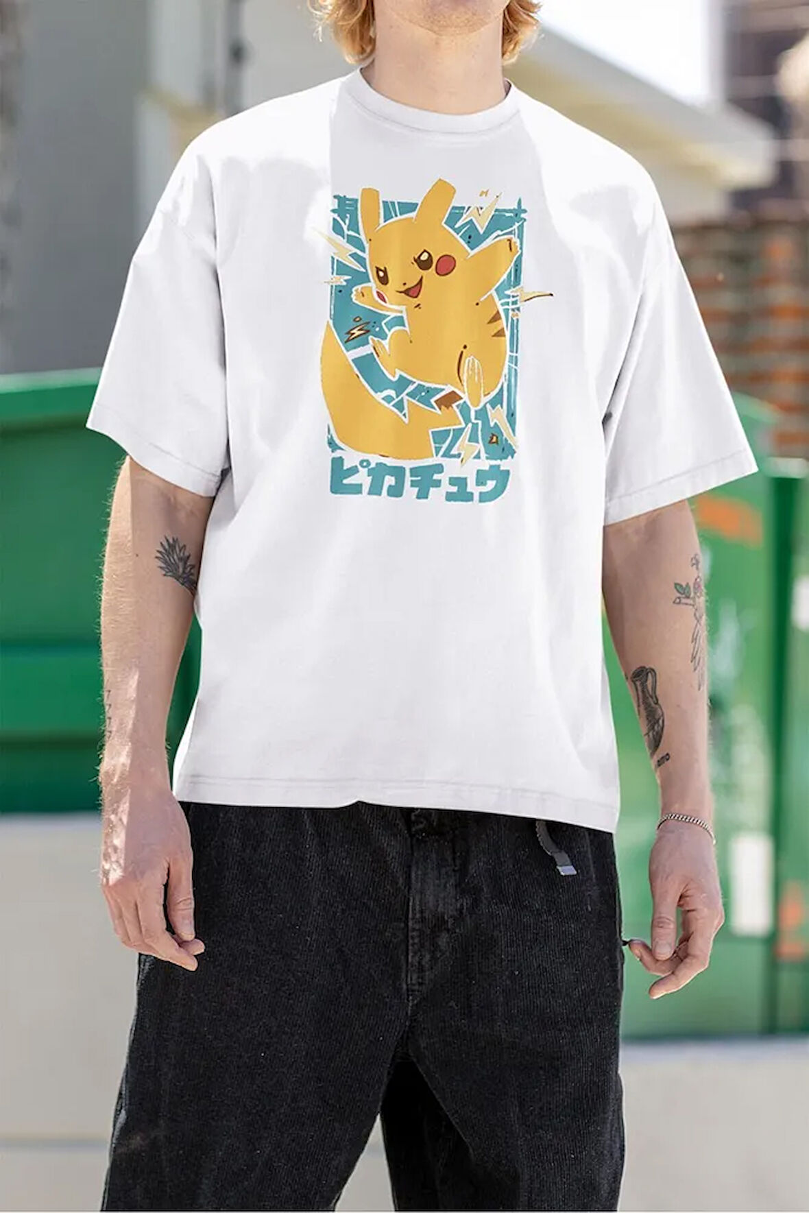 Pokemon Baskılı Unisex Tişört, Oversize Pikaçu Tişört