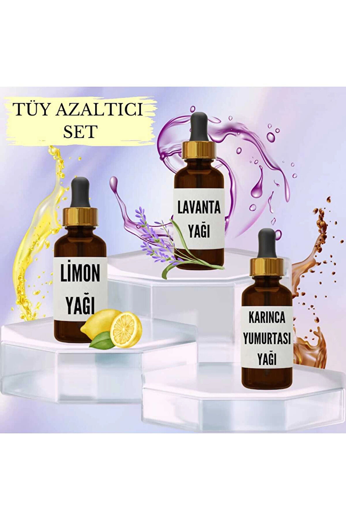 Tüy Azaltıcı Set Limon Yağı 20 ml + Lavanta Yağı 20 ml + Karınca Yumurtası Yağı 20 ml
