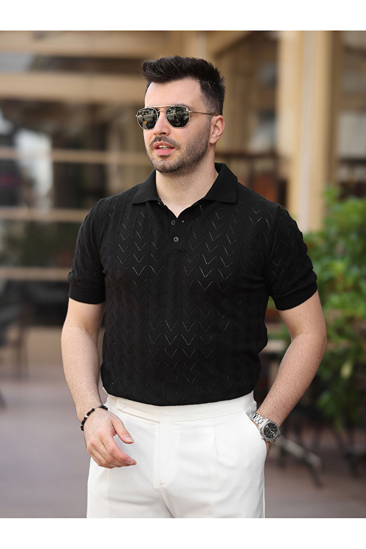 Old Money Kendinden Desenli Pamuklu Triko Tshirt