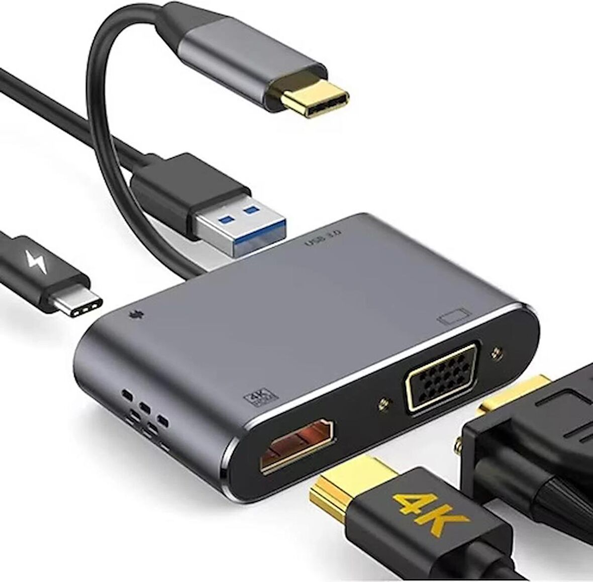 TYPE-C 4 İN 1 HUB ÇOĞALTICI VGA-HDMI-USB-TYPE-C HUB ÇOĞALTICI Macbook Uyumlu Type-c To Usb 3.0 1080p 4k Hdmı Vga Pd Aux Ses Girişli Çevirici Adaptör