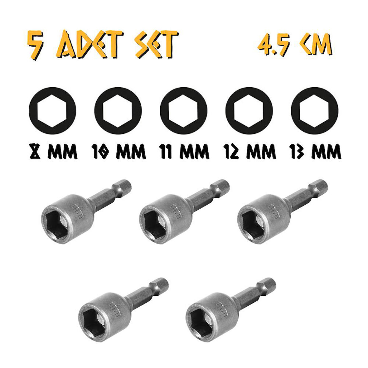 Kupa Tyson Somun Adaptörü Seti 5 Parça - 8-10-11-12-13 mm. - 4.5 cm.