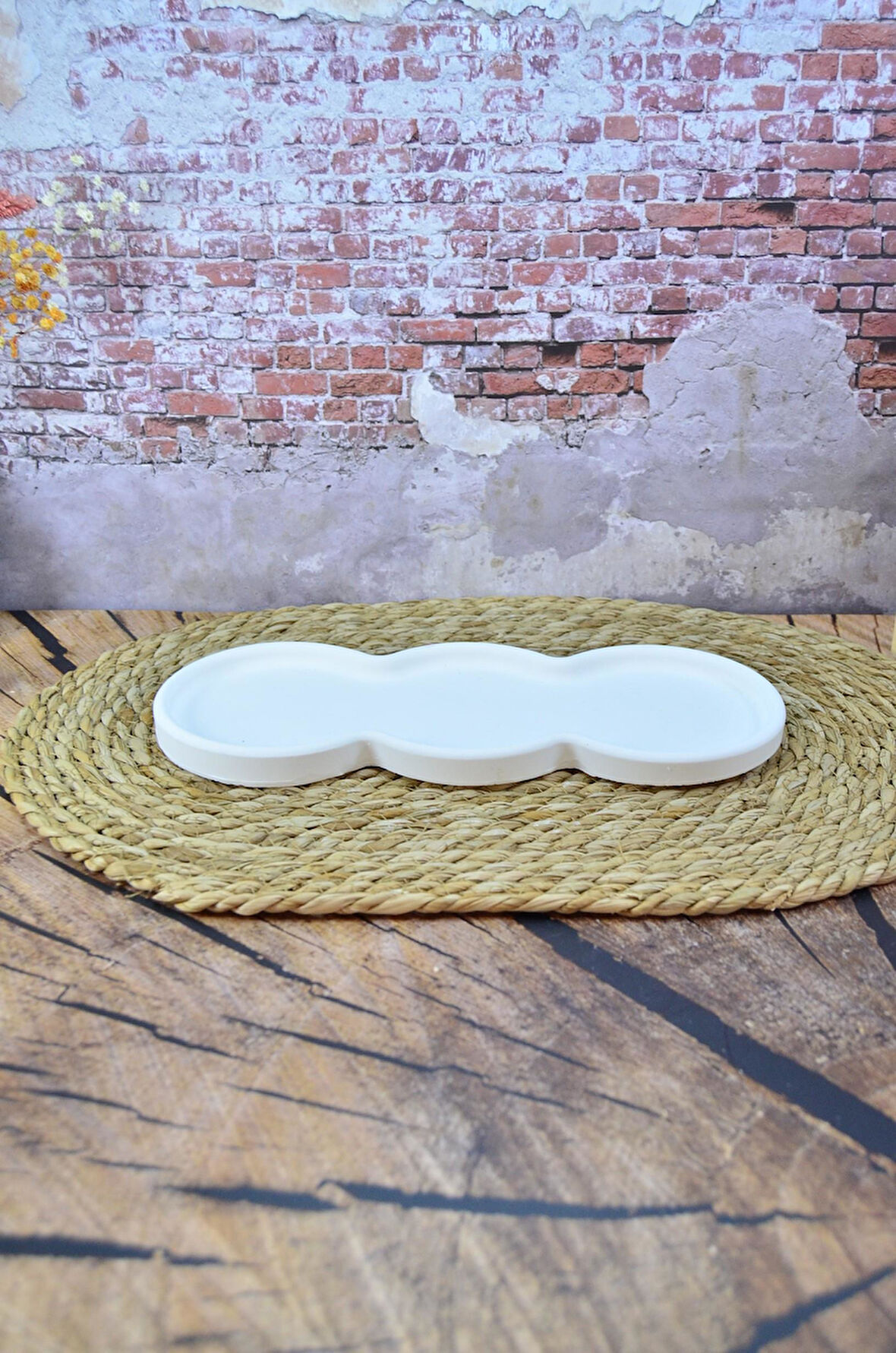 Üç Bölmeli Taş Tozu Dekoratif Tepsi Mumluk Sunum 