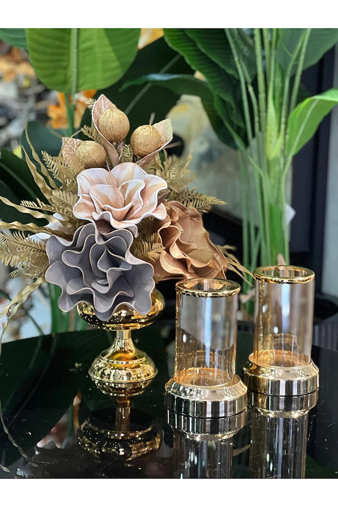 Yapay Çiçekli 3 Parça Set Gold No:10