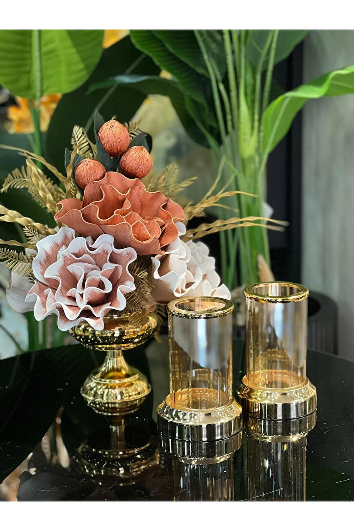 Yapay Çiçekli 3 Parça Set Gold No:9