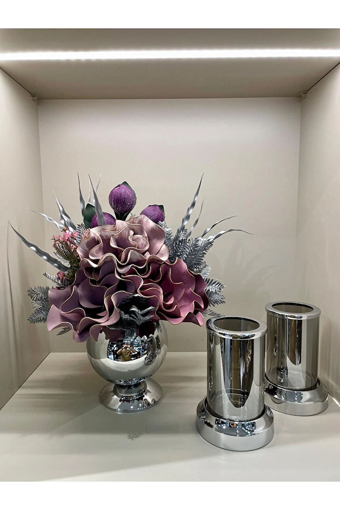 Yapay Çiçekli 3 Parça Set Gümüş No:6