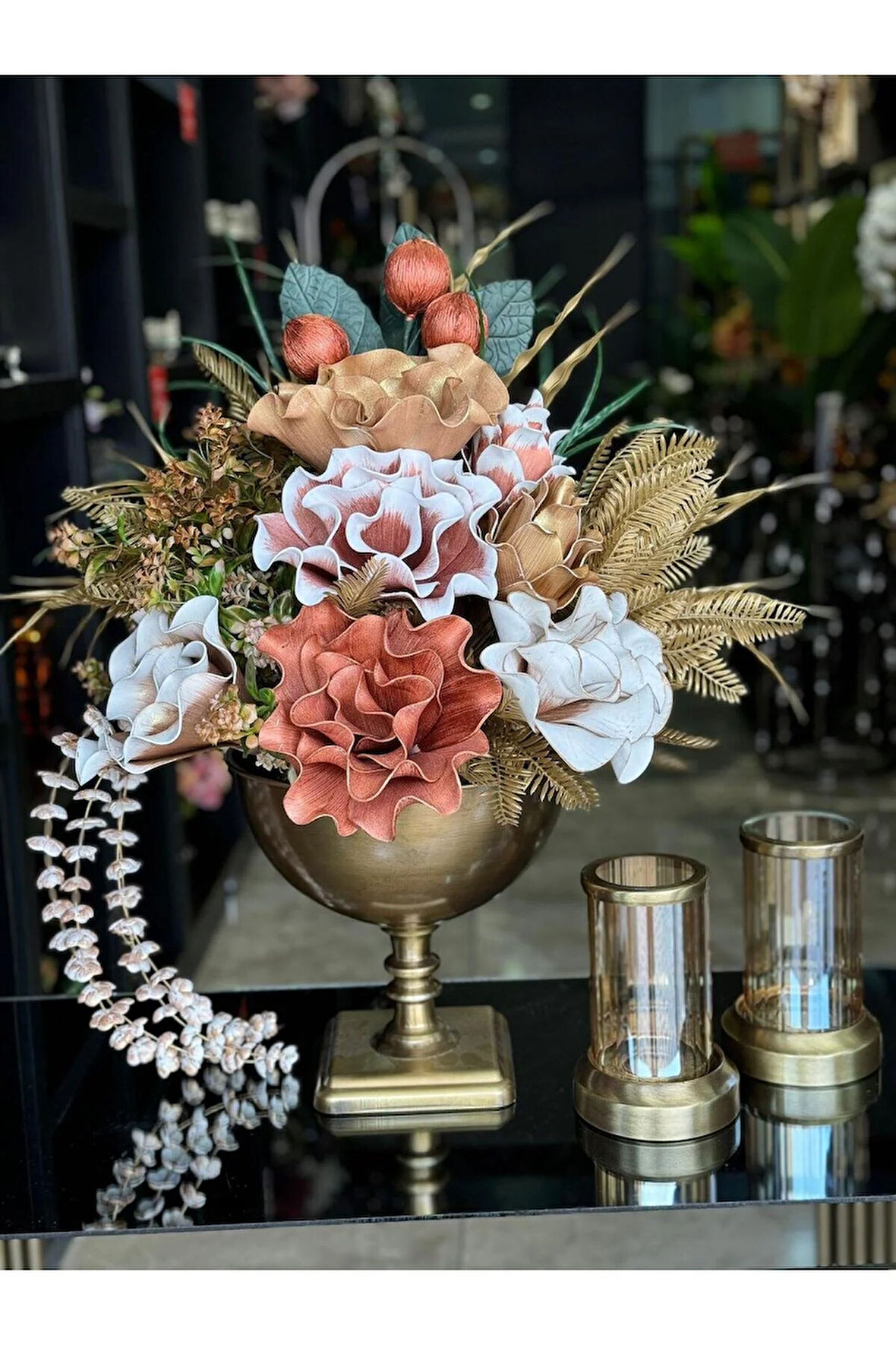 Yapay Çiçekli Antik Kare Ayak Vazo 3 Parça Set No:10