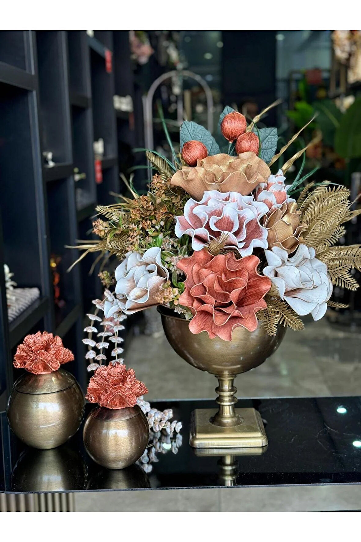 Yapay Çiçekli Antik Kare Ayak Vazo 3 Parça Set No:5