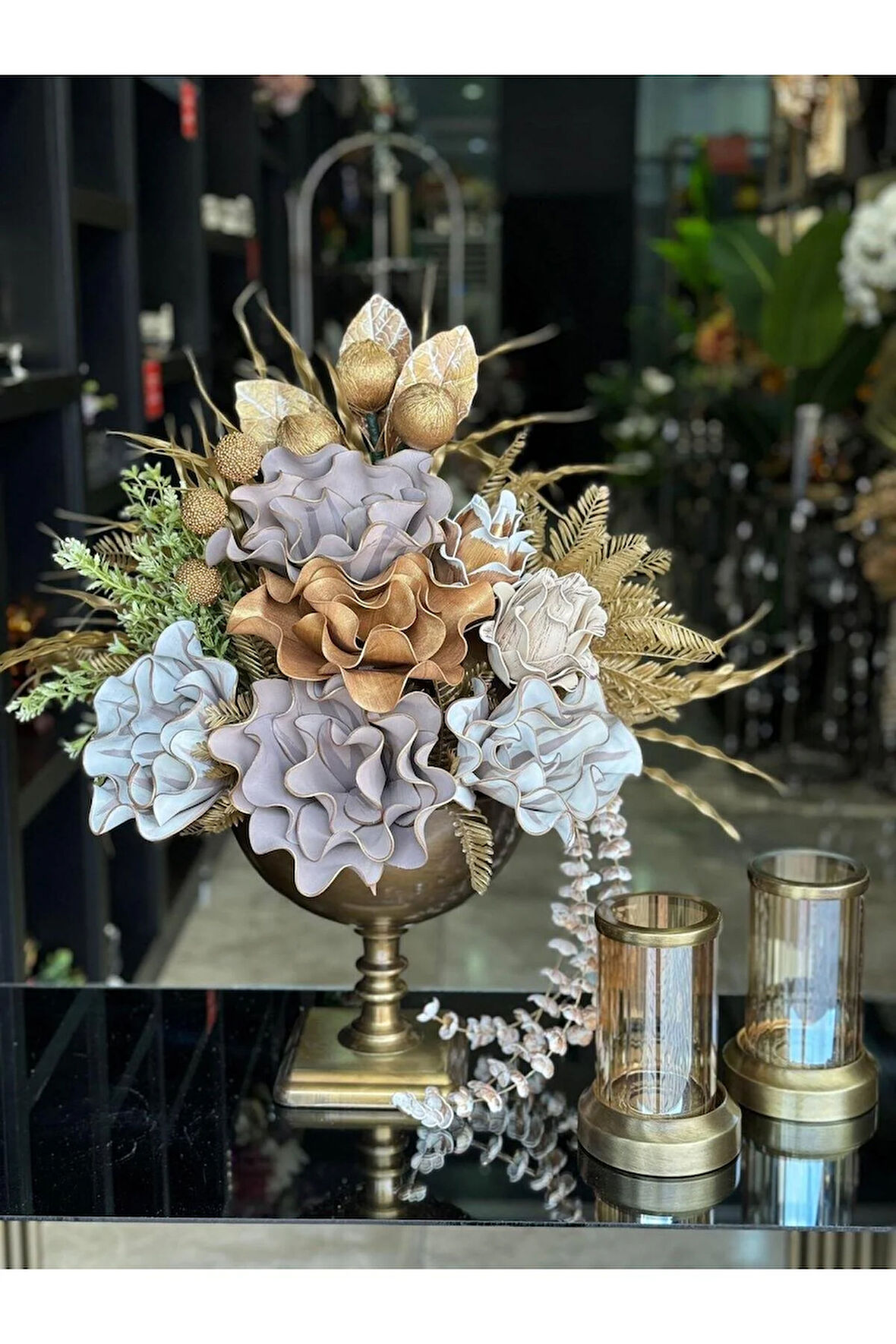 Yapay Çiçekli Antik Kare Ayak Vazo 3 Parça Set No:7