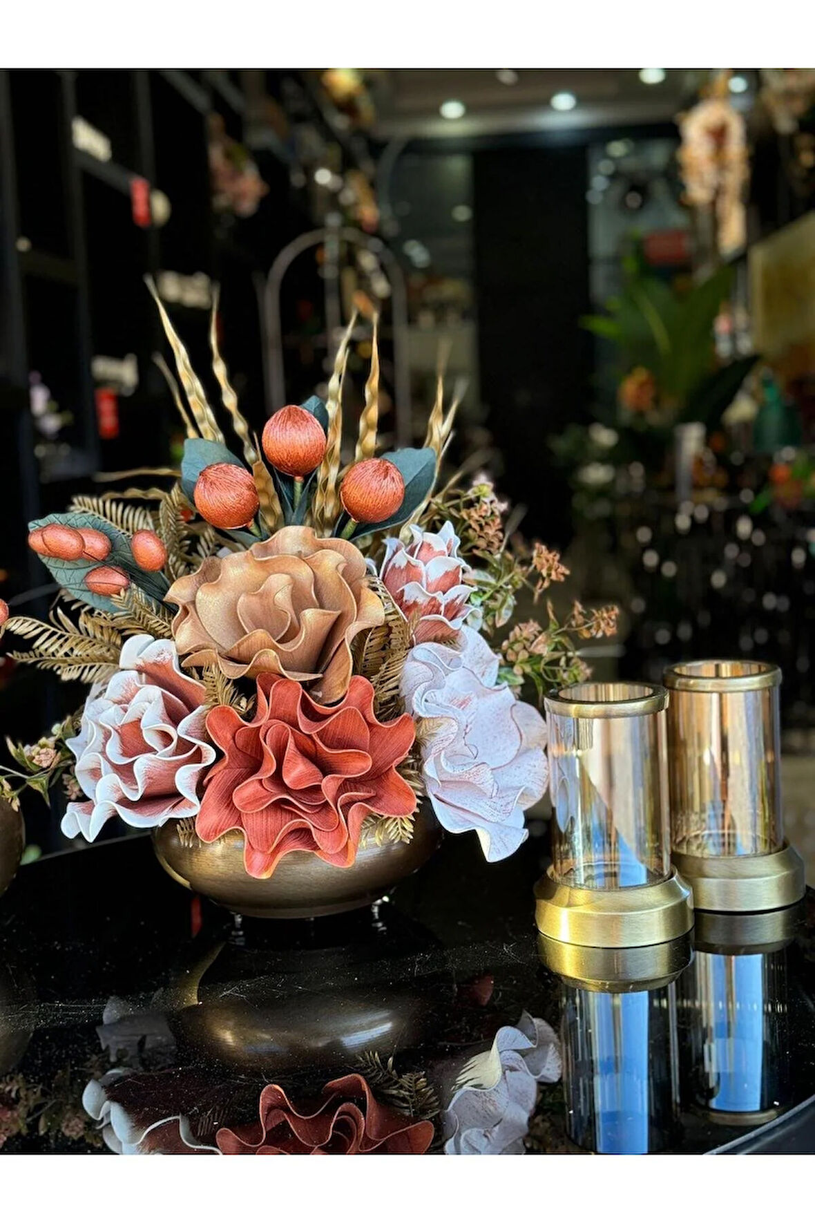 Yapay Çiçekli Antik Yassı Vazo 3 Parça Set No:10