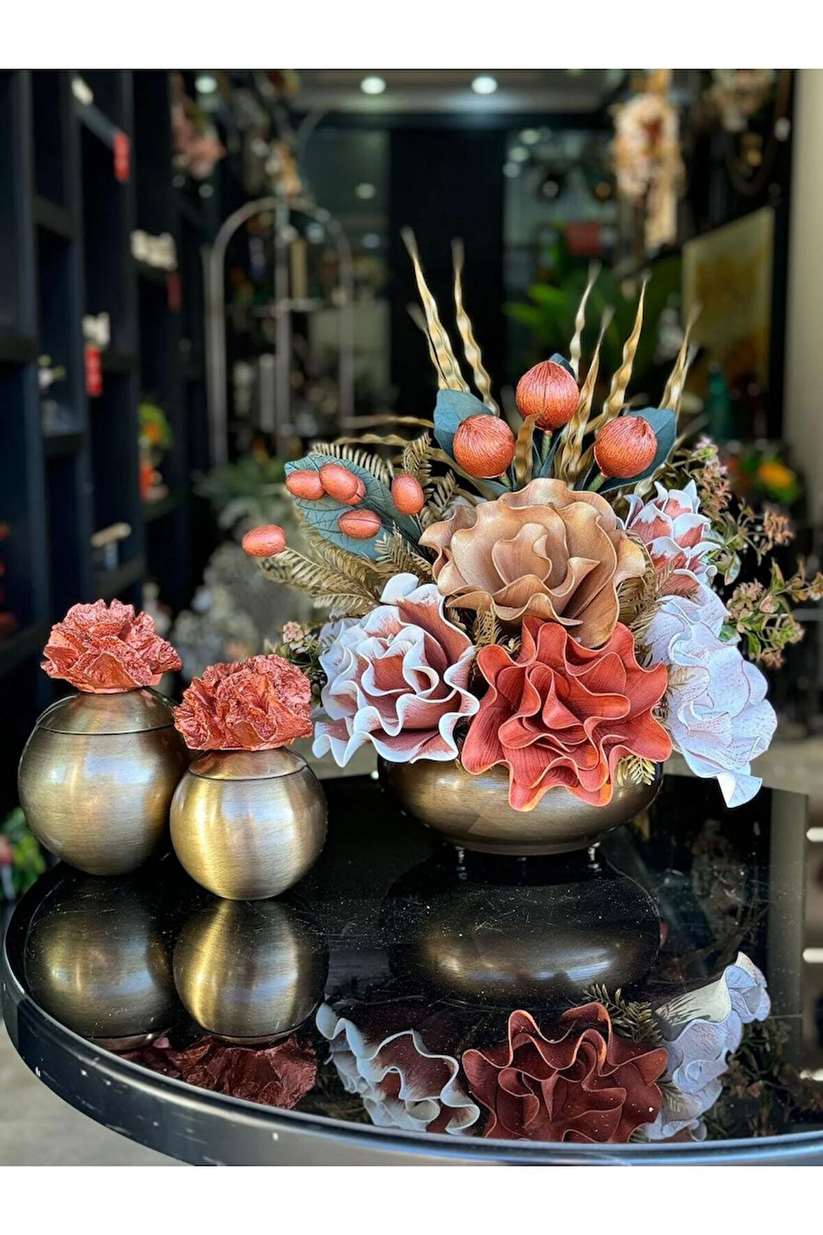 Yapay Çiçekli Antik Yassı Vazo 3 Parça Set No:5