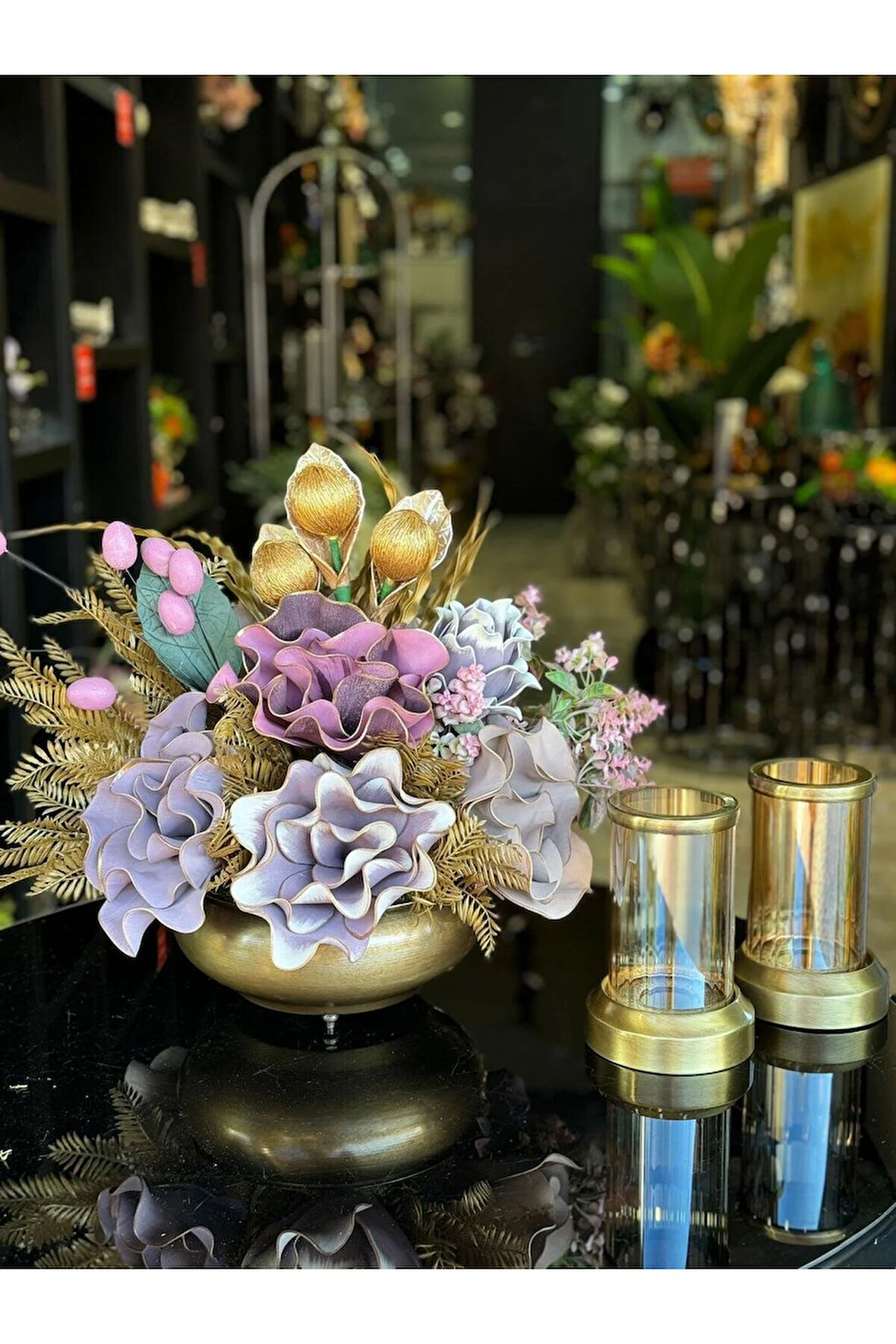 Yapay Çiçekli Antik Yassı Vazo 3 Parça Set No:9