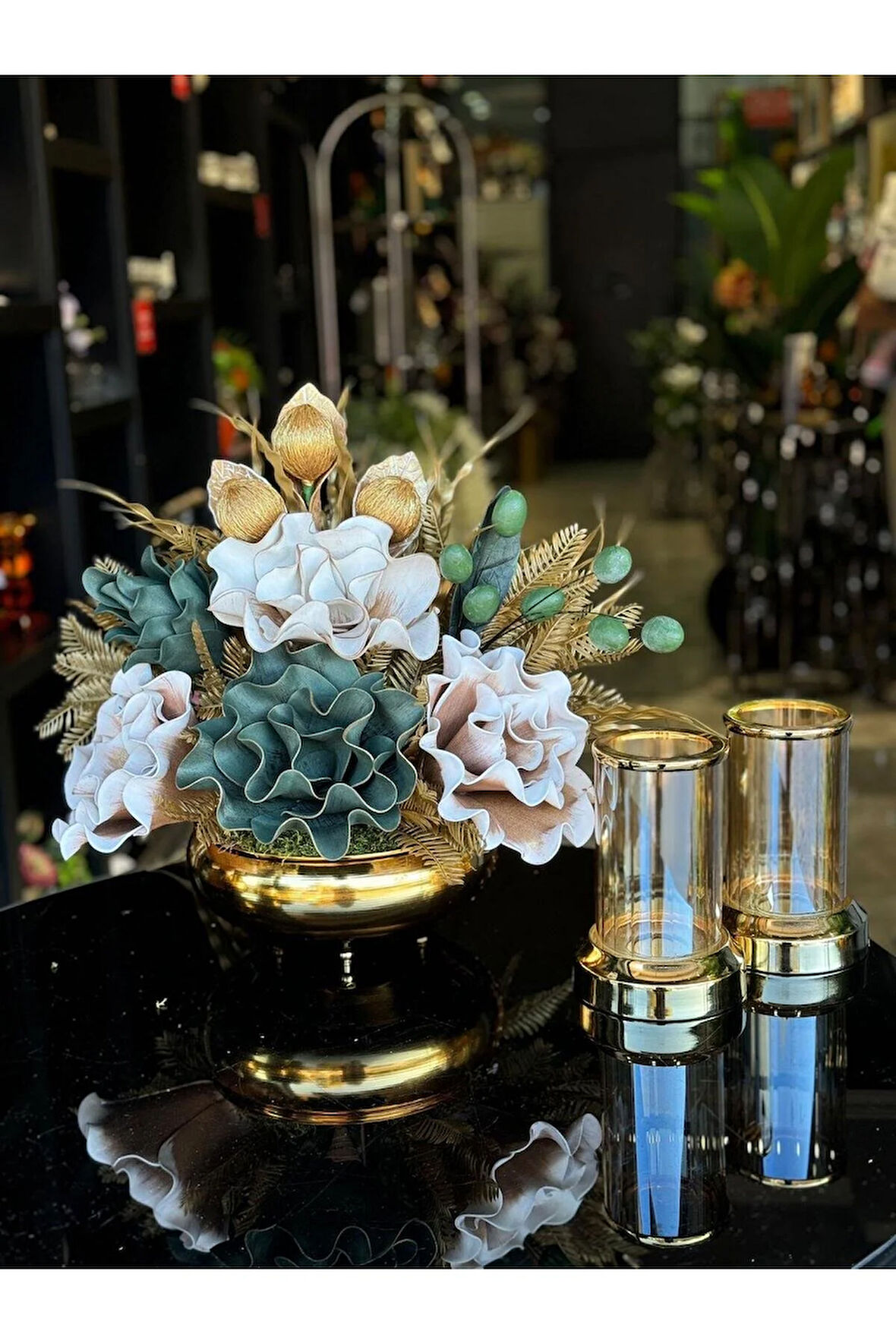 Yapay Çiçekli Gold Yassı Vazo 3 Parça Set No:11