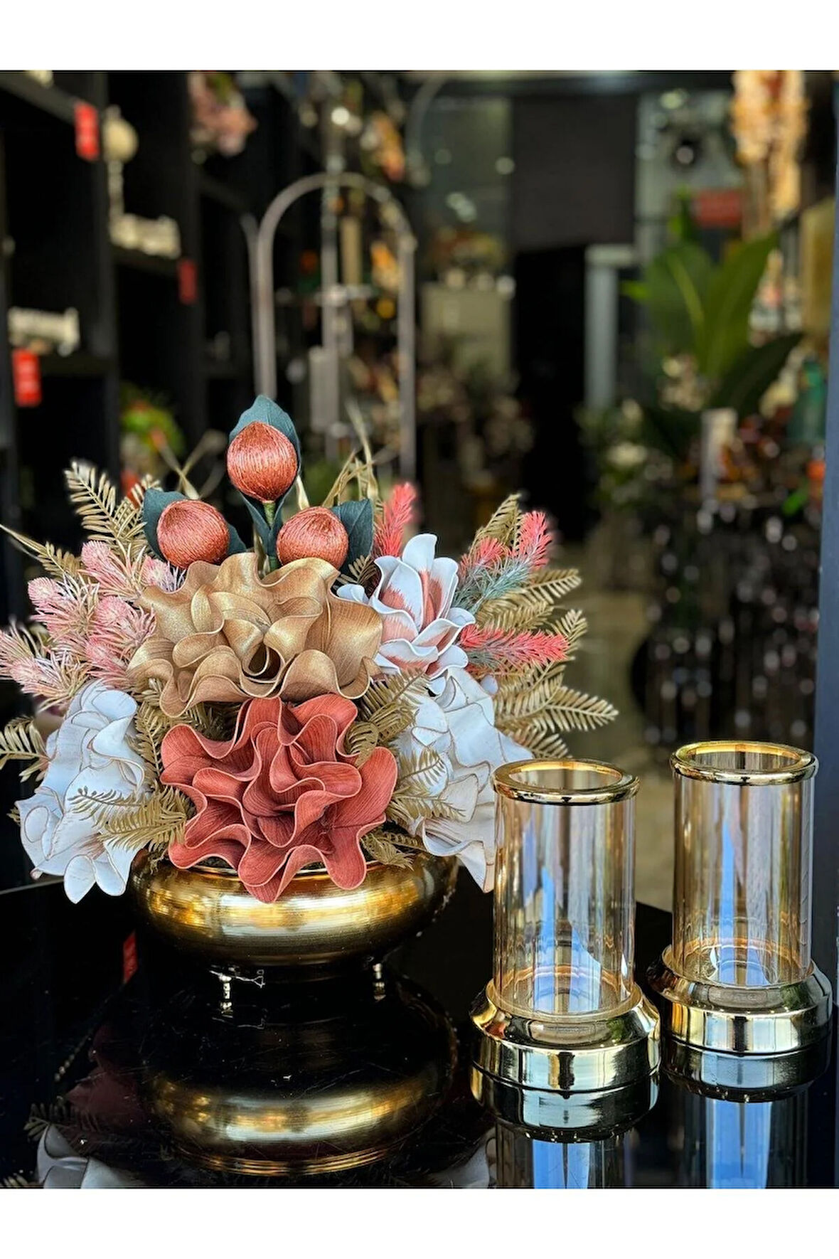 Yapay Çiçekli Gold Yassı Vazo 3 Parça Set No:14