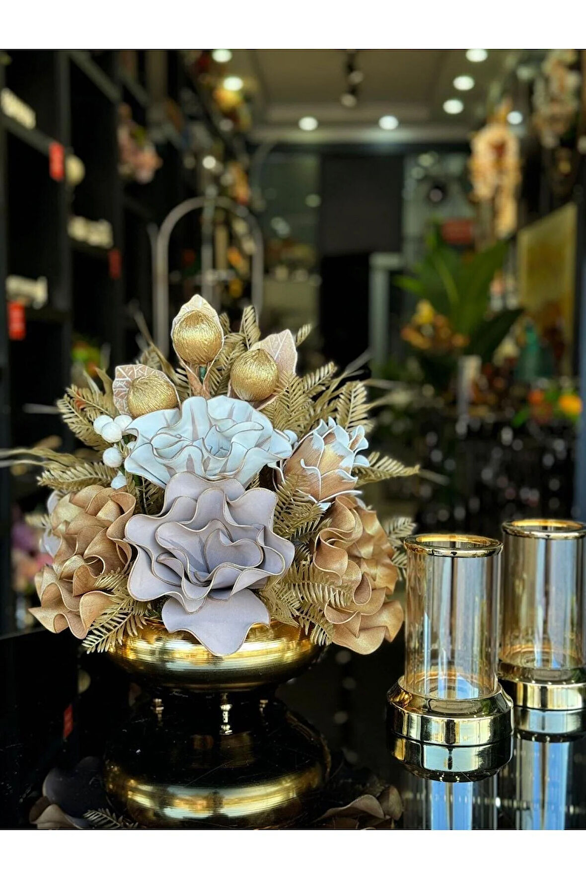 Yapay Çiçekli Gold Yassı Vazo 3 Parça Set No:15