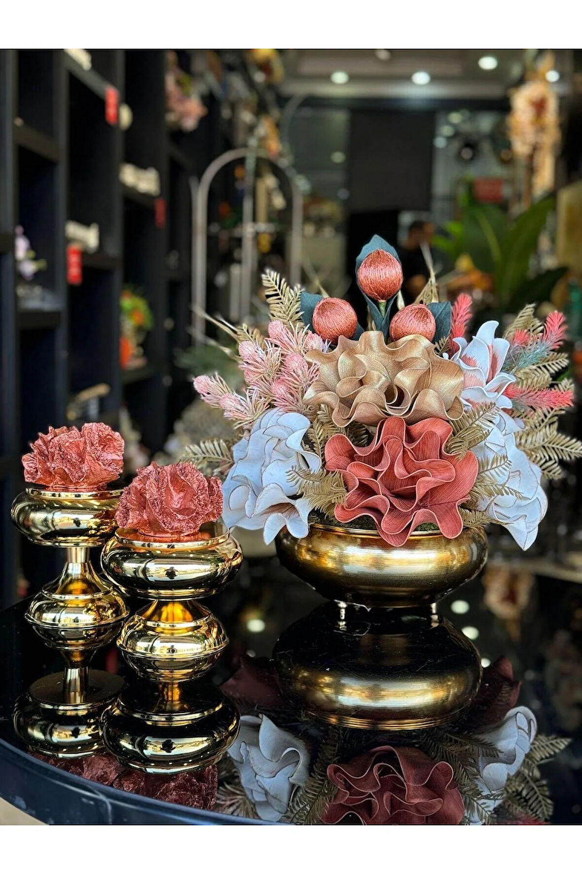 Yapay Çiçekli Gold Yassı Vazo 3 Parça Set No:2