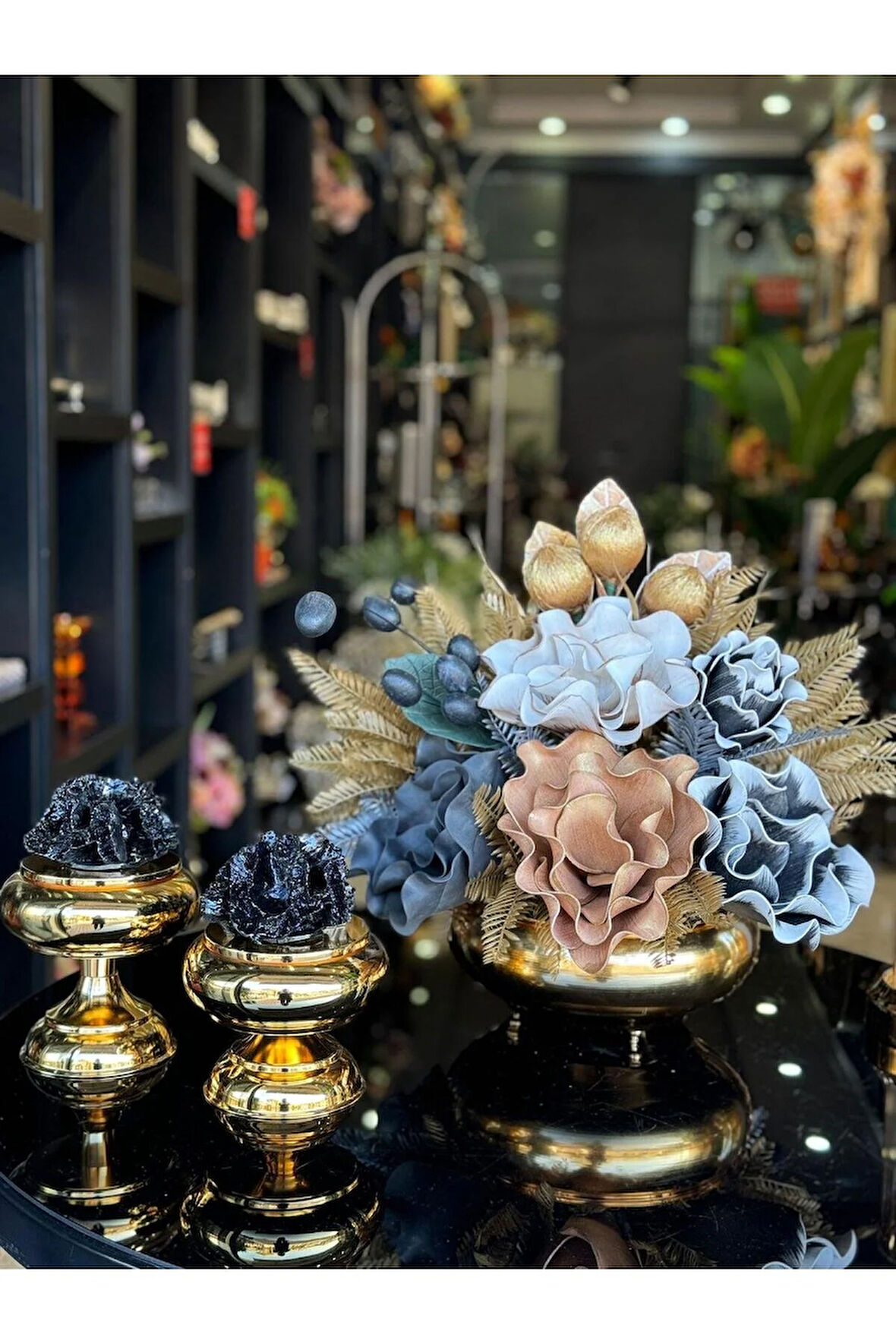 Yapay Çiçekli Gold Yassı Vazo 3 Parça Set No:6