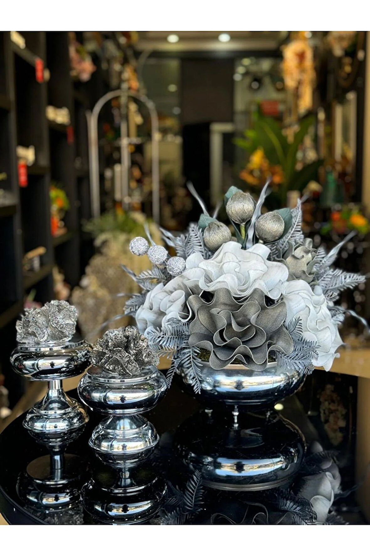 Yapay Çiçekli Gümüş Yassı Vazo 3 Parça Set No:13