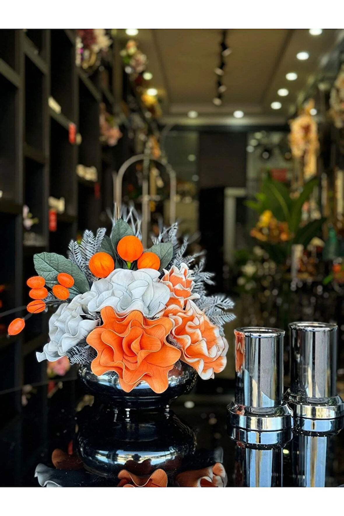 Yapay Çiçekli Gümüş Yassı Vazo 3 Parça Set No:15