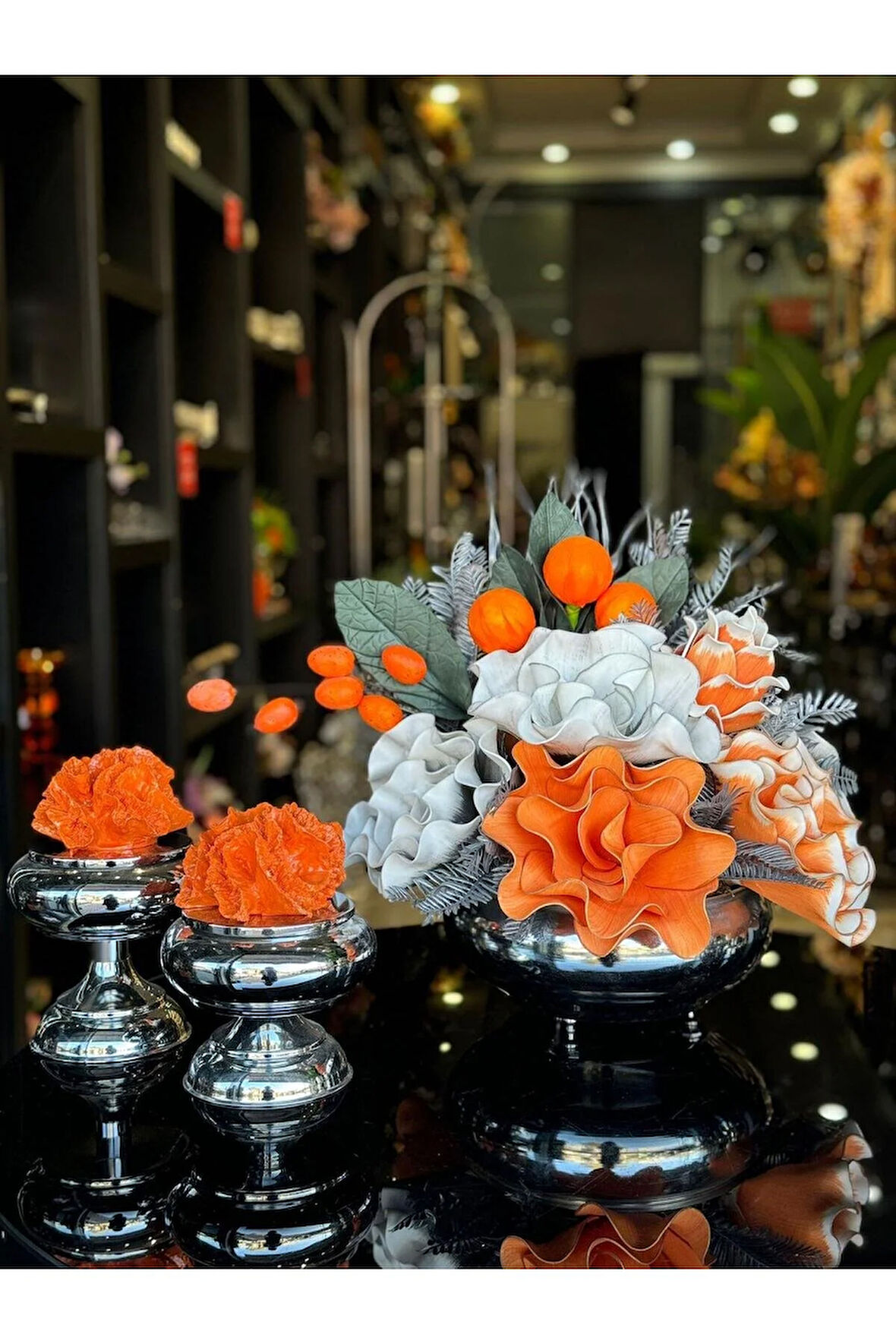 Yapay Çiçekli Gümüş Yassı Vazo 3 Parça Set No:9