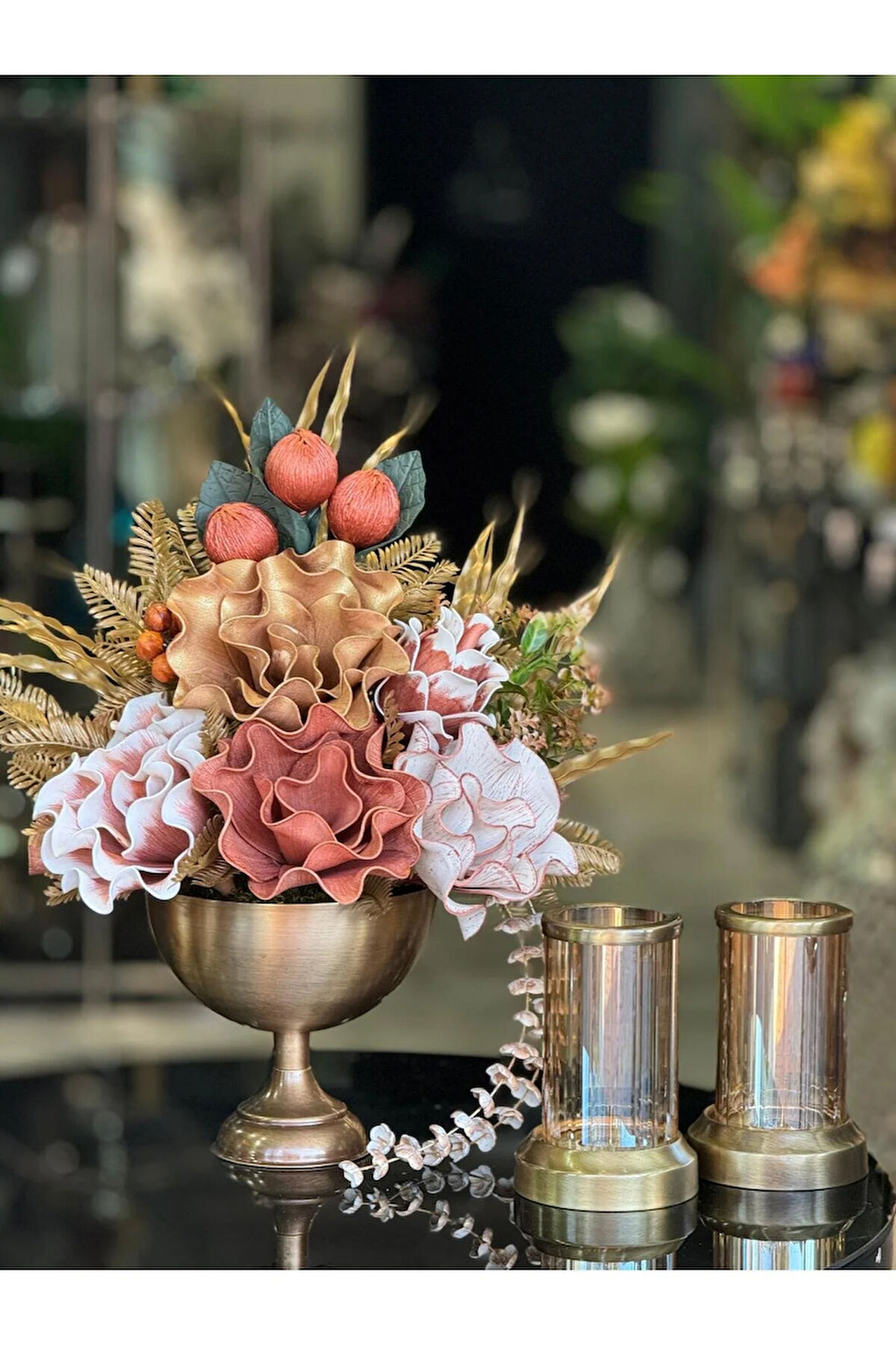 Yapay Çiçekli Antik Yuvarlak Vazo 3 Parça Set No:10