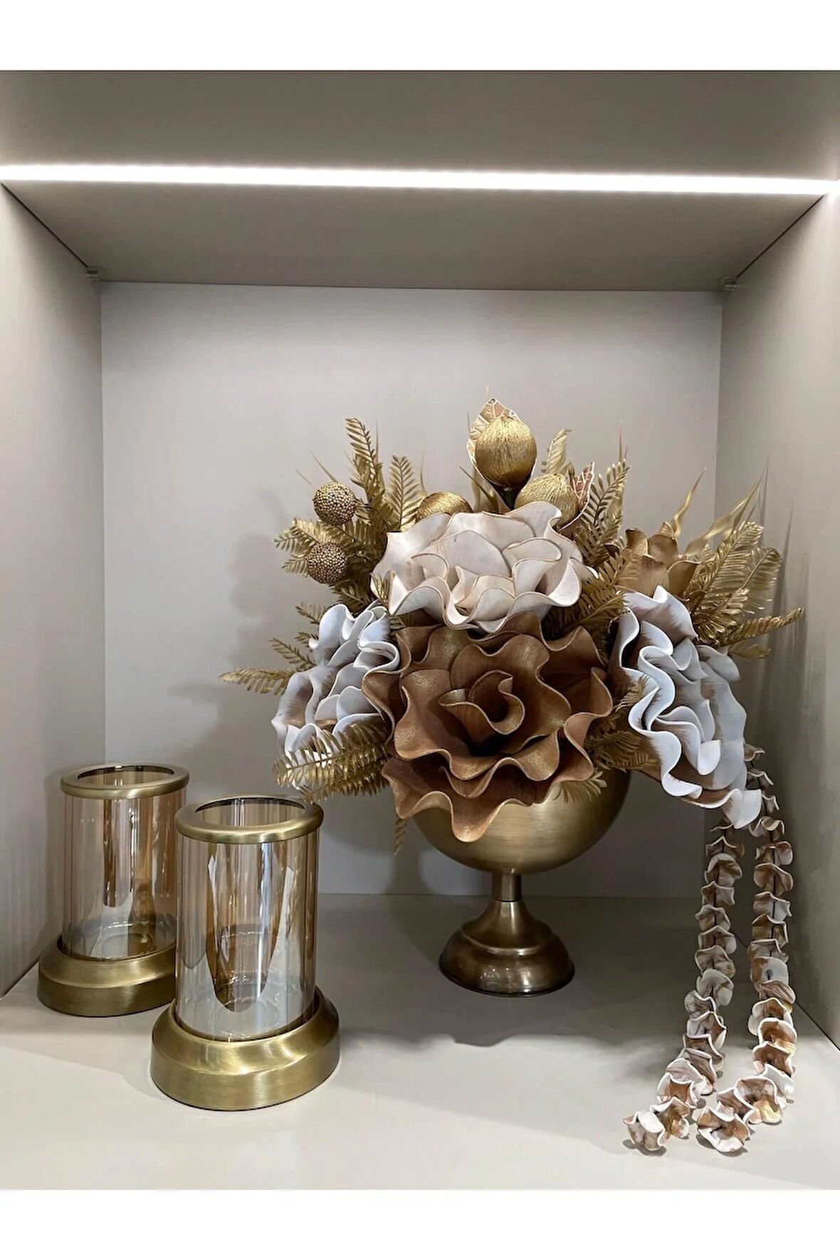 Yapay Çiçekli Antik Yuvarlak Vazo 3 Parça Set No:3