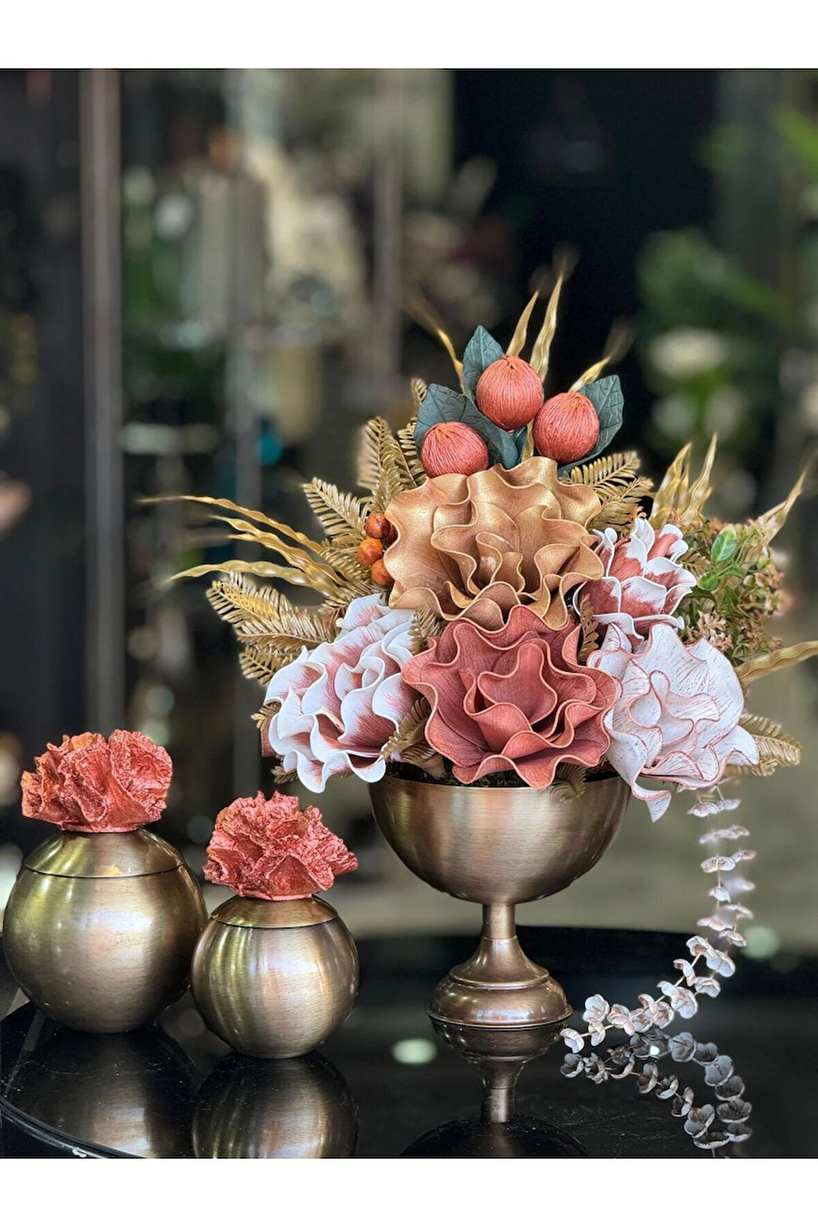 Yapay Çiçekli Antik Yuvarlak Vazo 3 Parça Set No:7