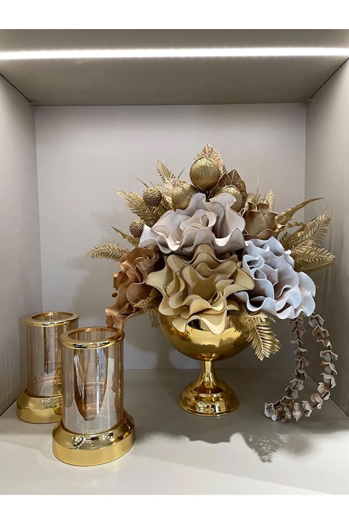Yapay Çiçekli Gold Yuvarlak Vazo 3 Parça Set No:4