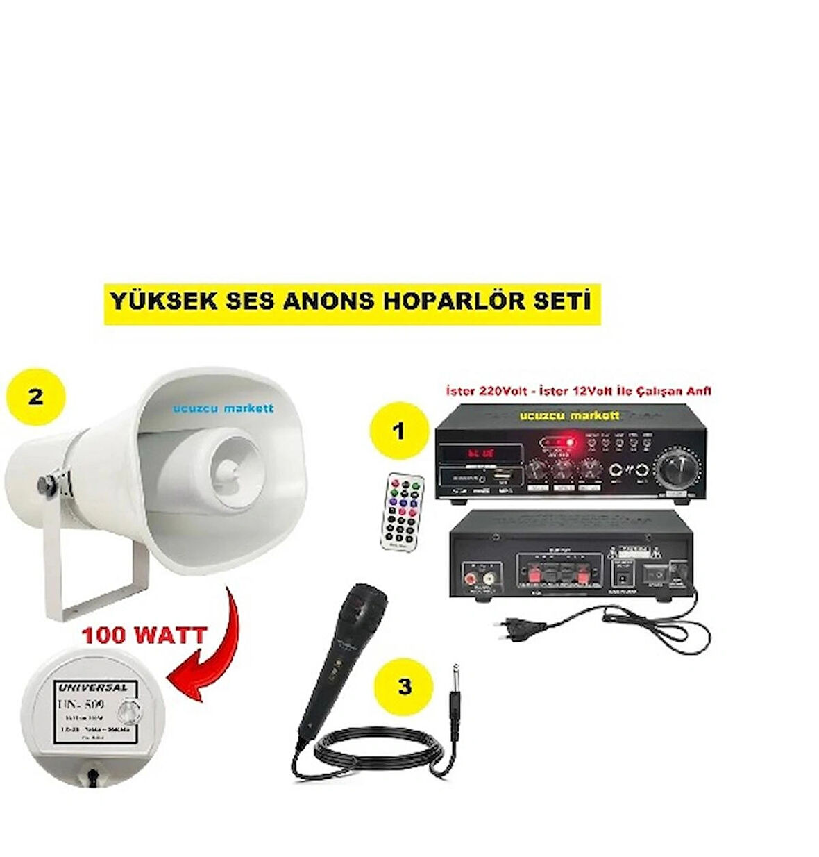 Anons Hoparlör Seti (100 Watt Hoparlör - Mikrofon - USB - Sd Kart Girişli Mobil Amfi)